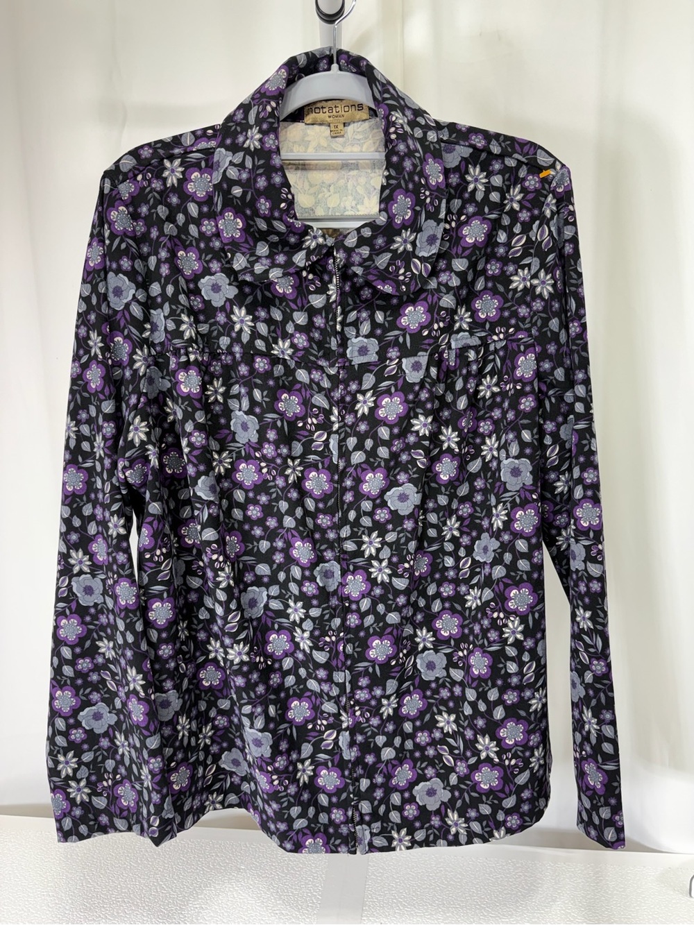 Notations Black Floral Button-Down with Purple Accents 3787